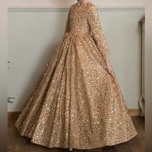 #19 Youth champagne with gold sequin long sleeve gown 6Y